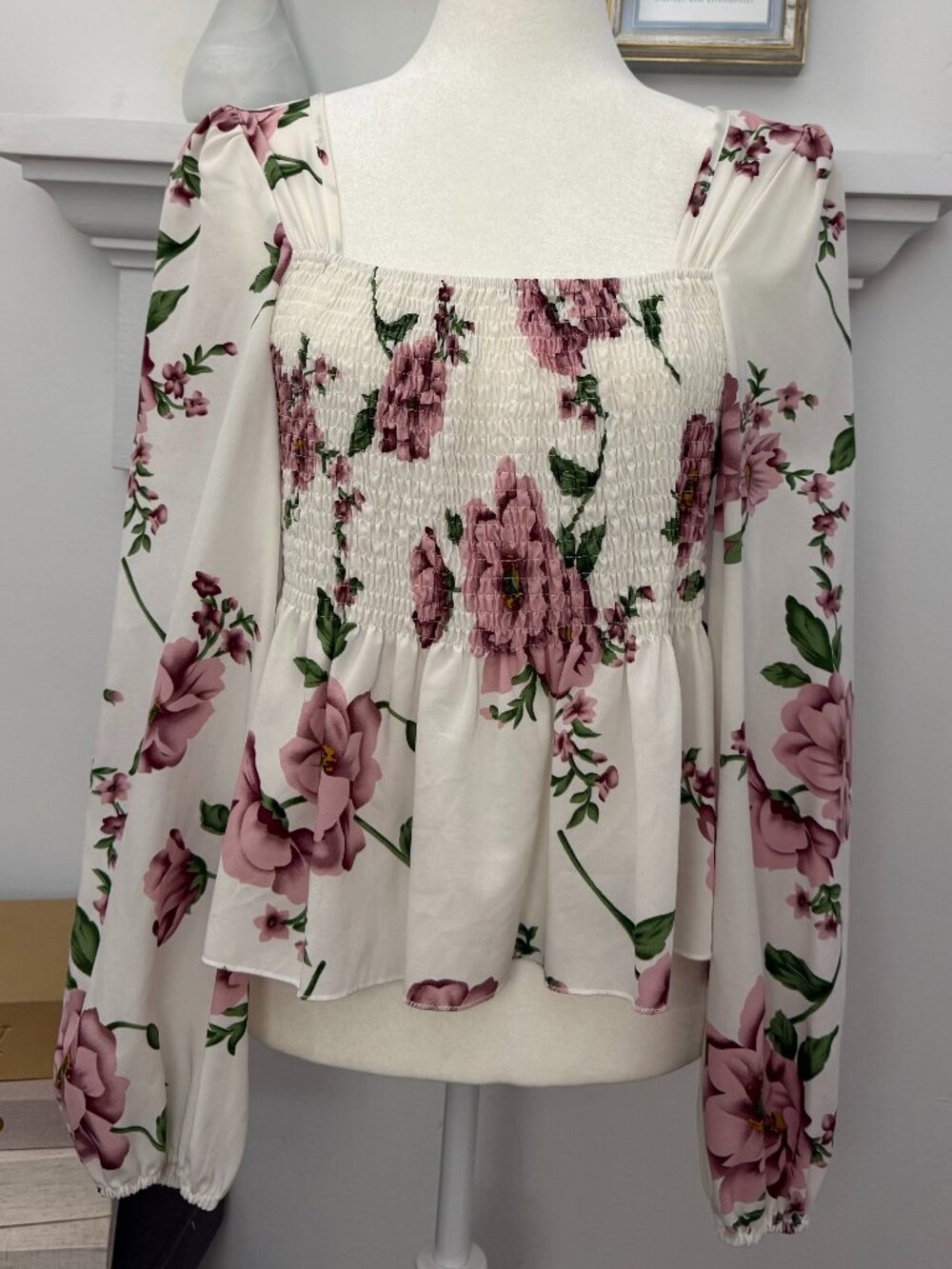 SHEIN Ivory Dusty Rose Floral Smocked Blouse XL US 12